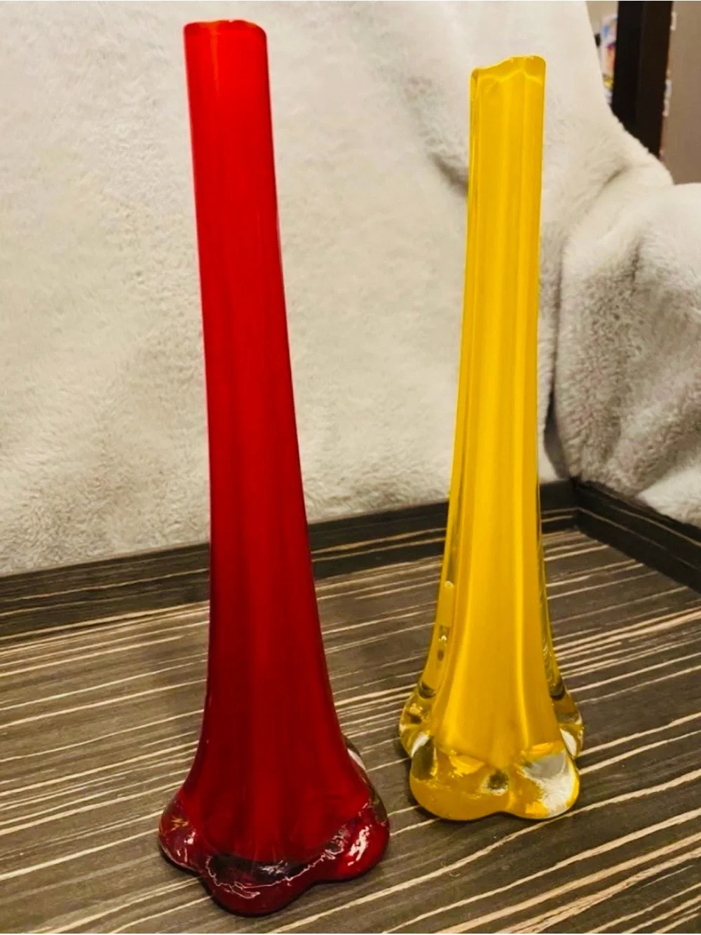 Vintage Red & Yellow Art Glass Vases – Unique Pair with Elephant Foot Bases
